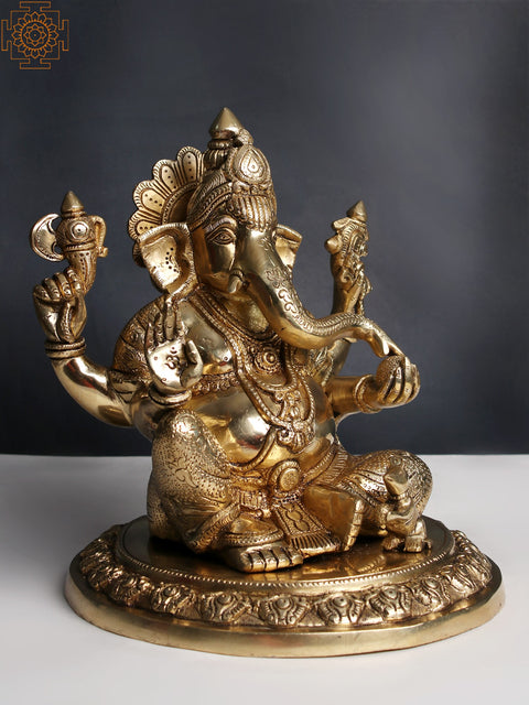 11" Brass Lord Ganesha Seated on Pedestal