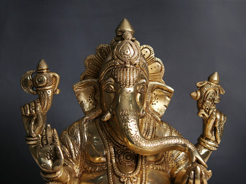 11" Brass Lord Ganesha Seated on Pedestal