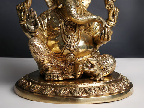 11" Brass Lord Ganesha Seated on Pedestal