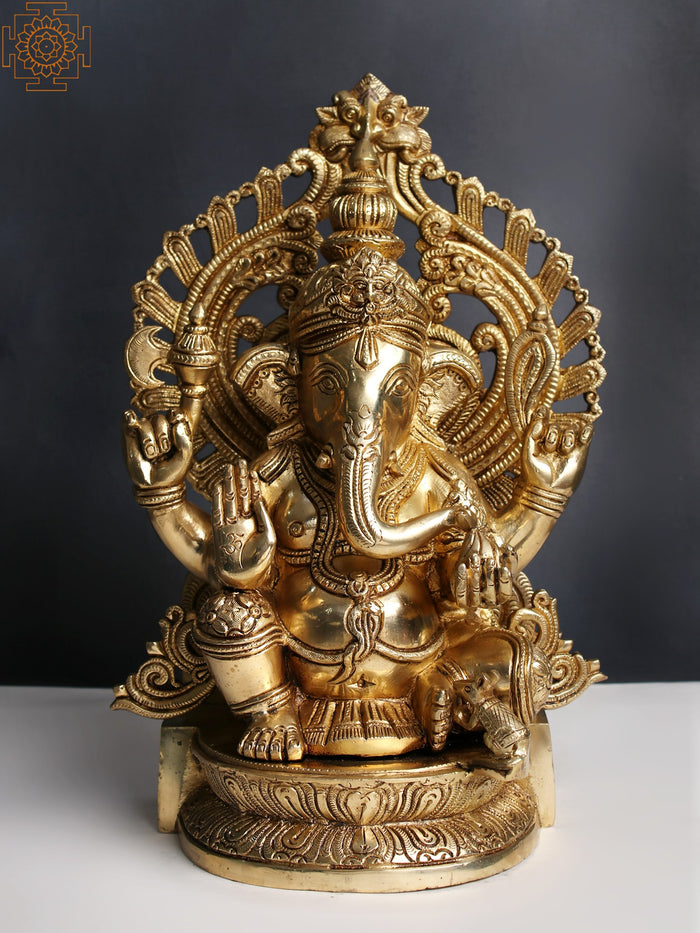 14" Lord Ganesha Brass Idol on Kirtimukha Throne