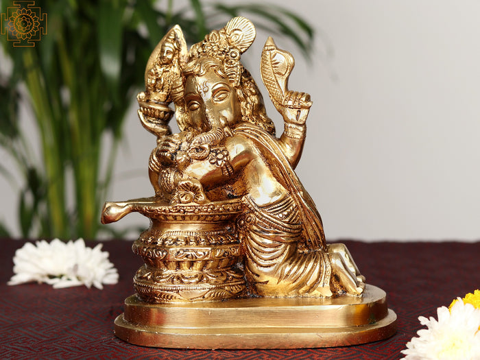 6" Brass Lord Ganesha with Shivalinga Idol for Pooja