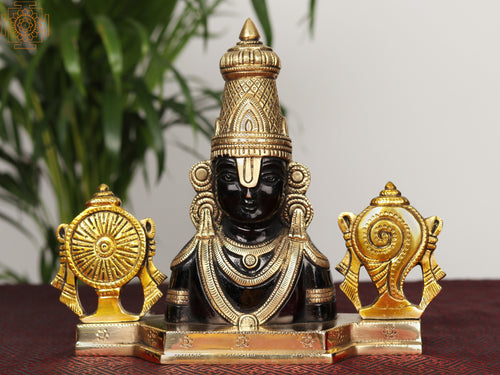 10" Brass Tirupati Balaji Bust Statue with Chakra and Conch
