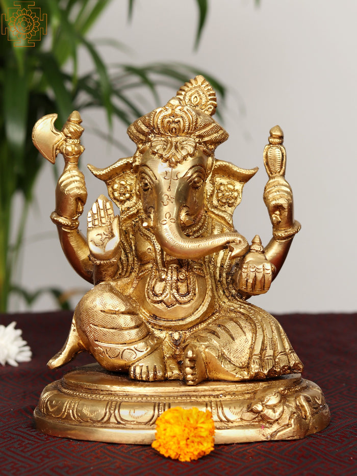 7" Four Armed Sitting Ganesha Brass Idol for Pooja