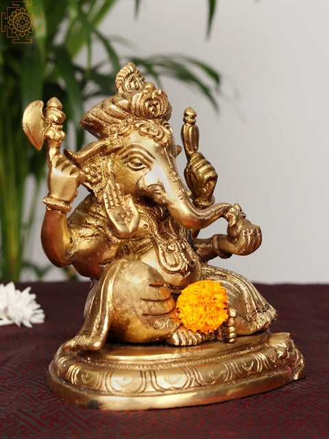 7" Brass Sitting Four Armed Lord Ganesha