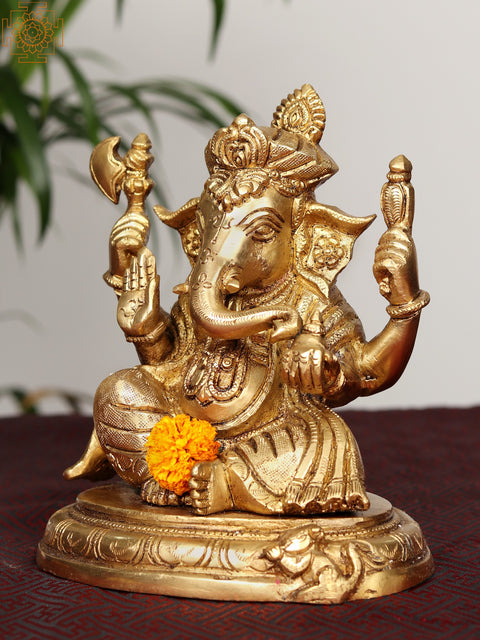 7" Brass Sitting Four Armed Lord Ganesha