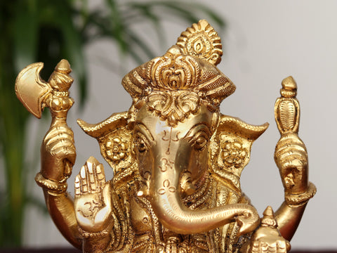 7" Brass Sitting Four Armed Lord Ganesha