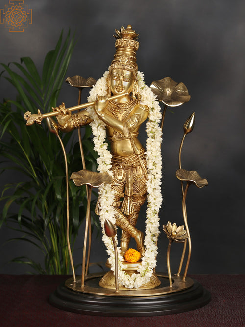 24" Brass Lord Krishna Playing Flute Statue Handmade