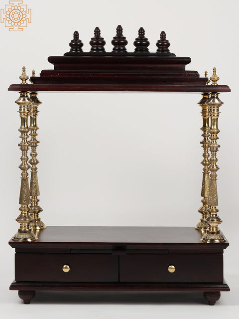 40" Large Wood & Brass Puja Temple with Double Drawer