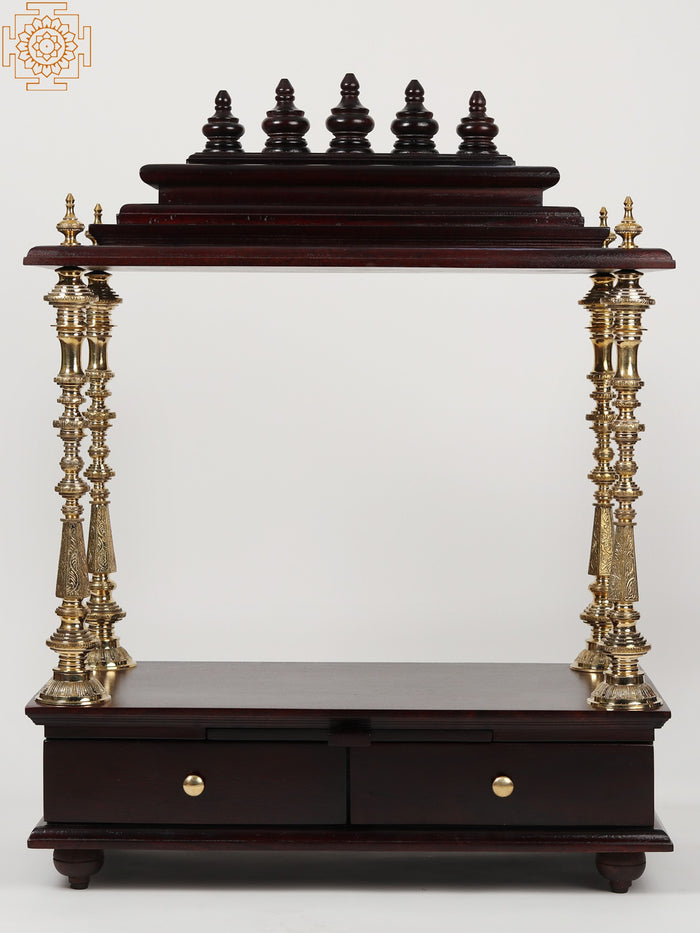 40" Large Wood & Brass Puja Temple with Double Drawer