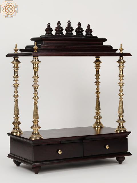 40" Large Wood & Brass Puja Temple with Double Drawer