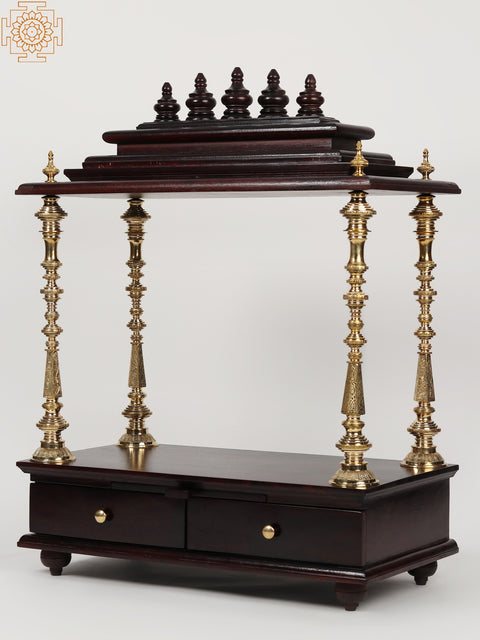 40" Large Wood & Brass Puja Temple with Double Drawer