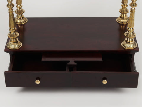 40" Large Wood & Brass Puja Temple with Double Drawer