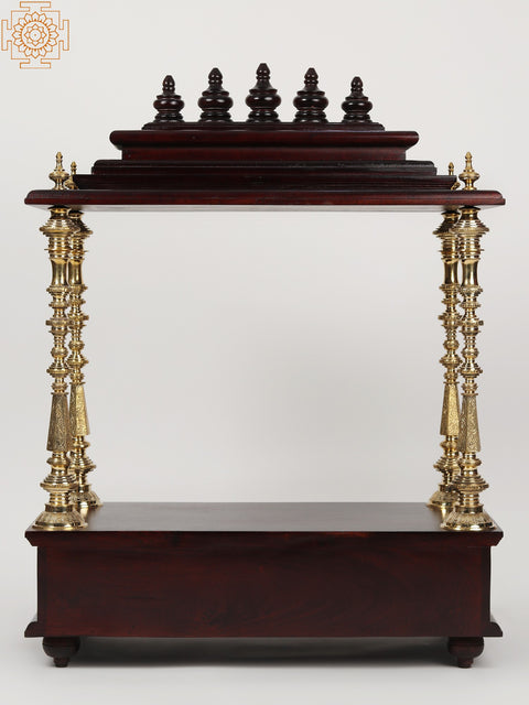 40" Large Wood & Brass Puja Temple with Double Drawer