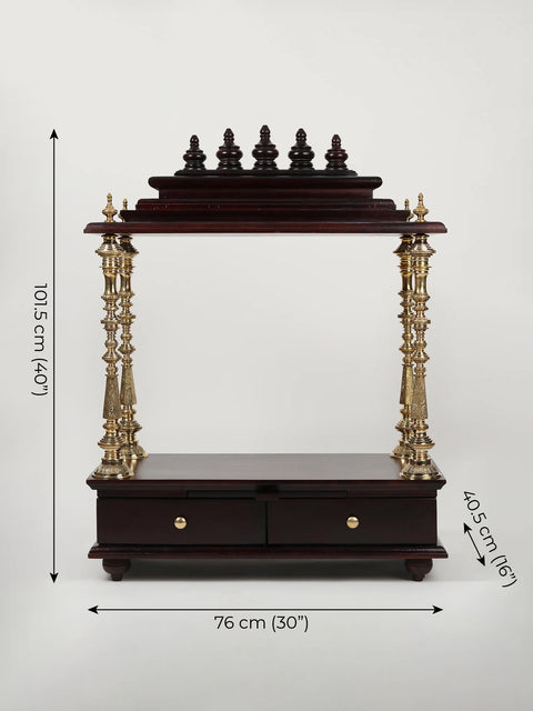 40" Large Wood & Brass Puja Temple with Double Drawer