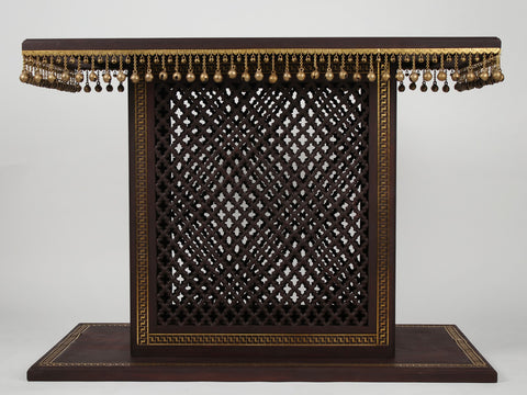 36" Wooden Large Designer Chowki (Pedestal) with Dangling Ghungroos & Brass Work