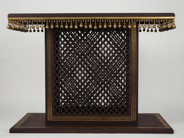 36" Wooden Large Designer Chowki (Pedestal) with Dangling Ghungroos & Brass Work