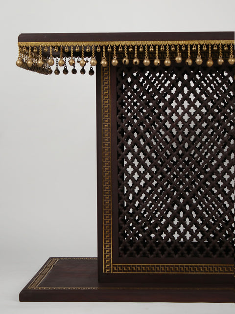 36" Wooden Large Designer Chowki (Pedestal) with Dangling Ghungroos & Brass Work