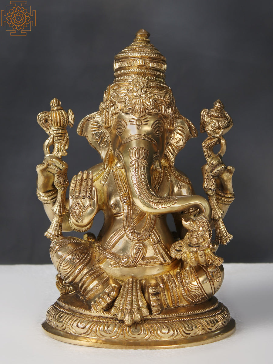 9" Brass Four Armed Ganesha Idol for Pooja