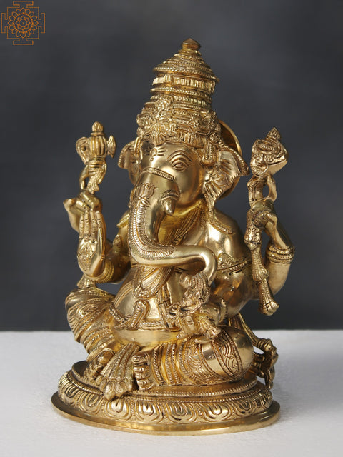 9" Brass Four Armed Sitting Lord Ganesha