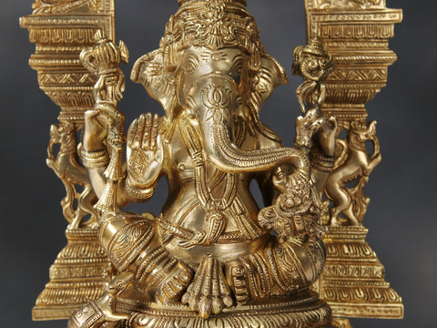 17" Brass Chaturbhuja Lord Ganesha Seated on Throne