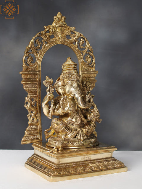 17" Brass Chaturbhuja Lord Ganesha Seated on Throne