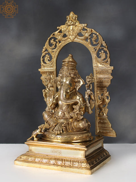 17" Brass Chaturbhuja Lord Ganesha Seated on Throne