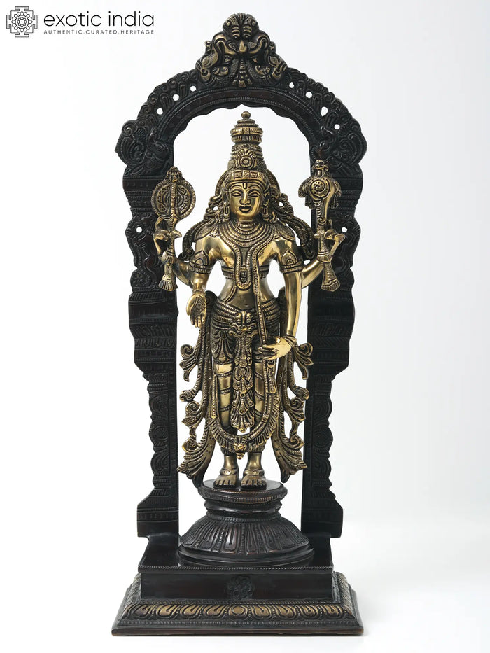 17" Brass Standing Lord Vishnu with Kirtimukha Throne Idol