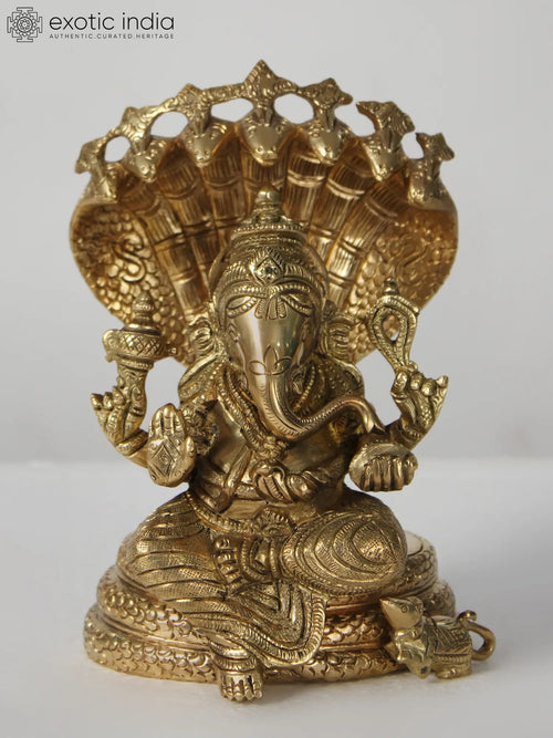 7" Brass Lord Ganesha Idol Seated on Sheshnag
