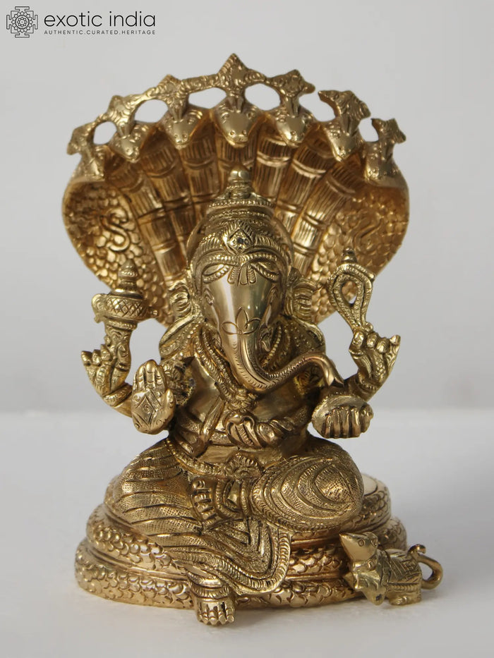 7" Brass Lord Ganesha Idol Seated on Sheshnag