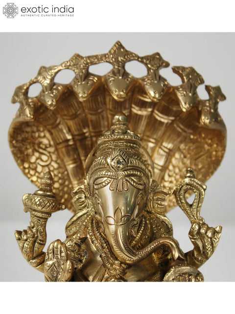 7" Brass Lord Ganesha Seated on Sheshnag