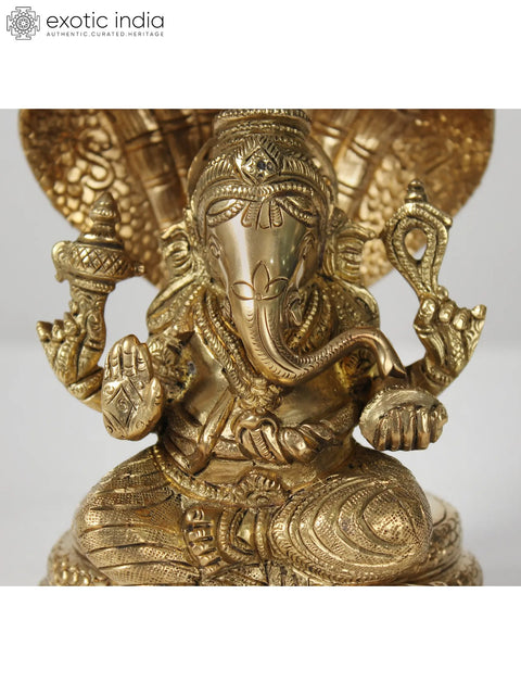 7" Brass Lord Ganesha Seated on Sheshnag