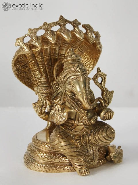 7" Brass Lord Ganesha Seated on Sheshnag