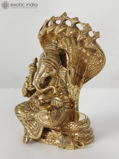7" Brass Lord Ganesha Seated on Sheshnag