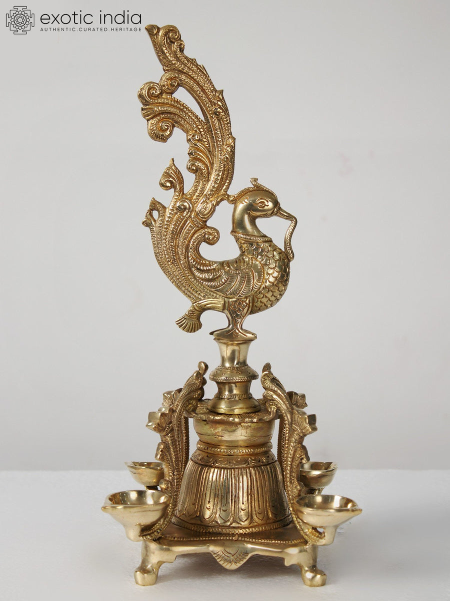 14" Brass Peacock Oil Lamp with Four Wicks