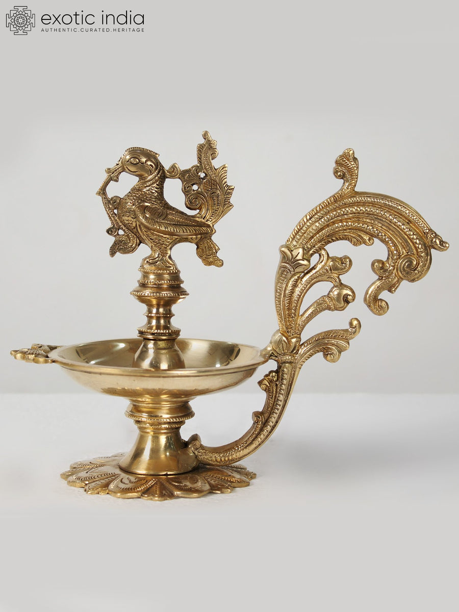 9" Decorated Peacock Brass Lamp for Home Decor