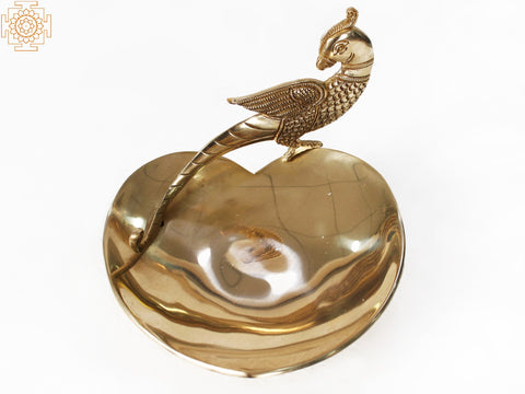 7" Parrot Design Heart Shaped Tray in Brass