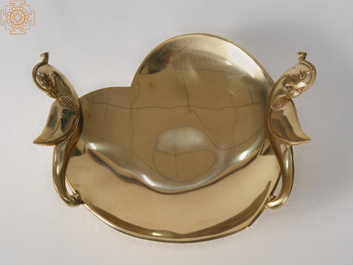 9" Brass Double Parrot Heart Shaped Decorative Tray