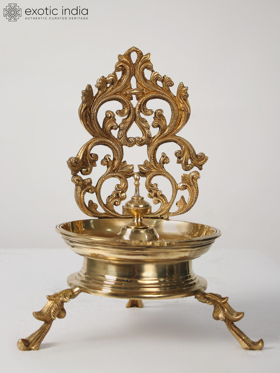 13" Brass Deepak Lamp with Jali Work for Pooja