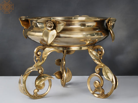 15" Brass Leaf Design Urli with Stand
