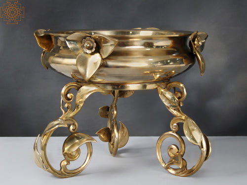 15" Brass Leaf Design Urli with Stand for Home Decor