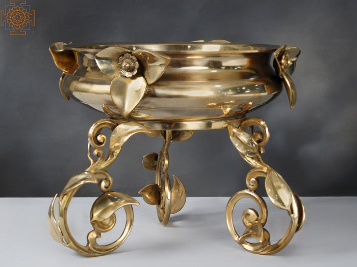 15" Brass Leaf Design Urli with Stand for Home Decor