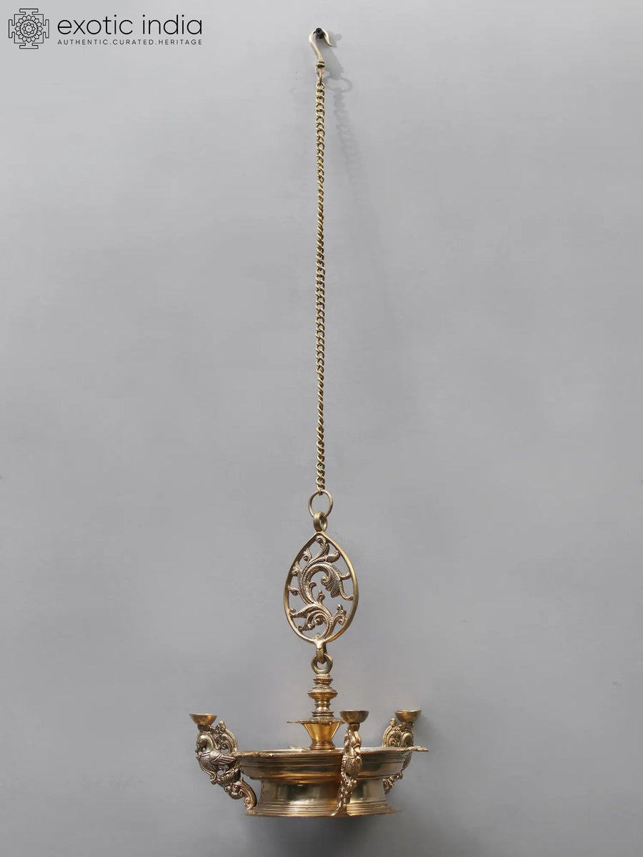 33" Brass Peacock Wall Hanging Lamp with Six Oil Wicks