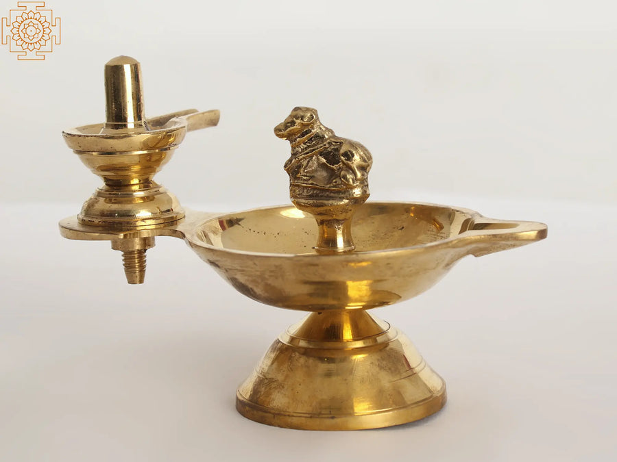 5" Brass Nandi Diya with Shiva Linga Statue