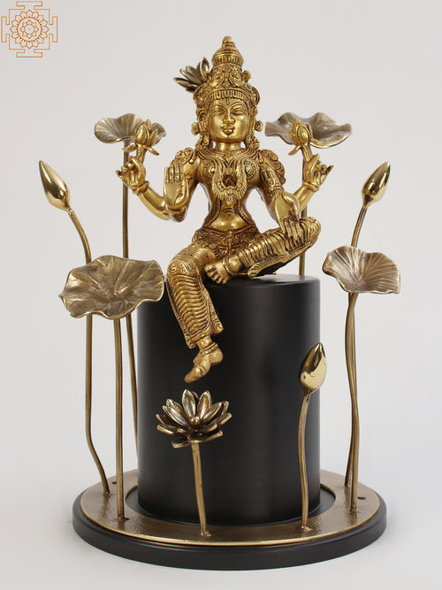 18" Brass Goddess Lakshmi Statue with Wooden Pedestal