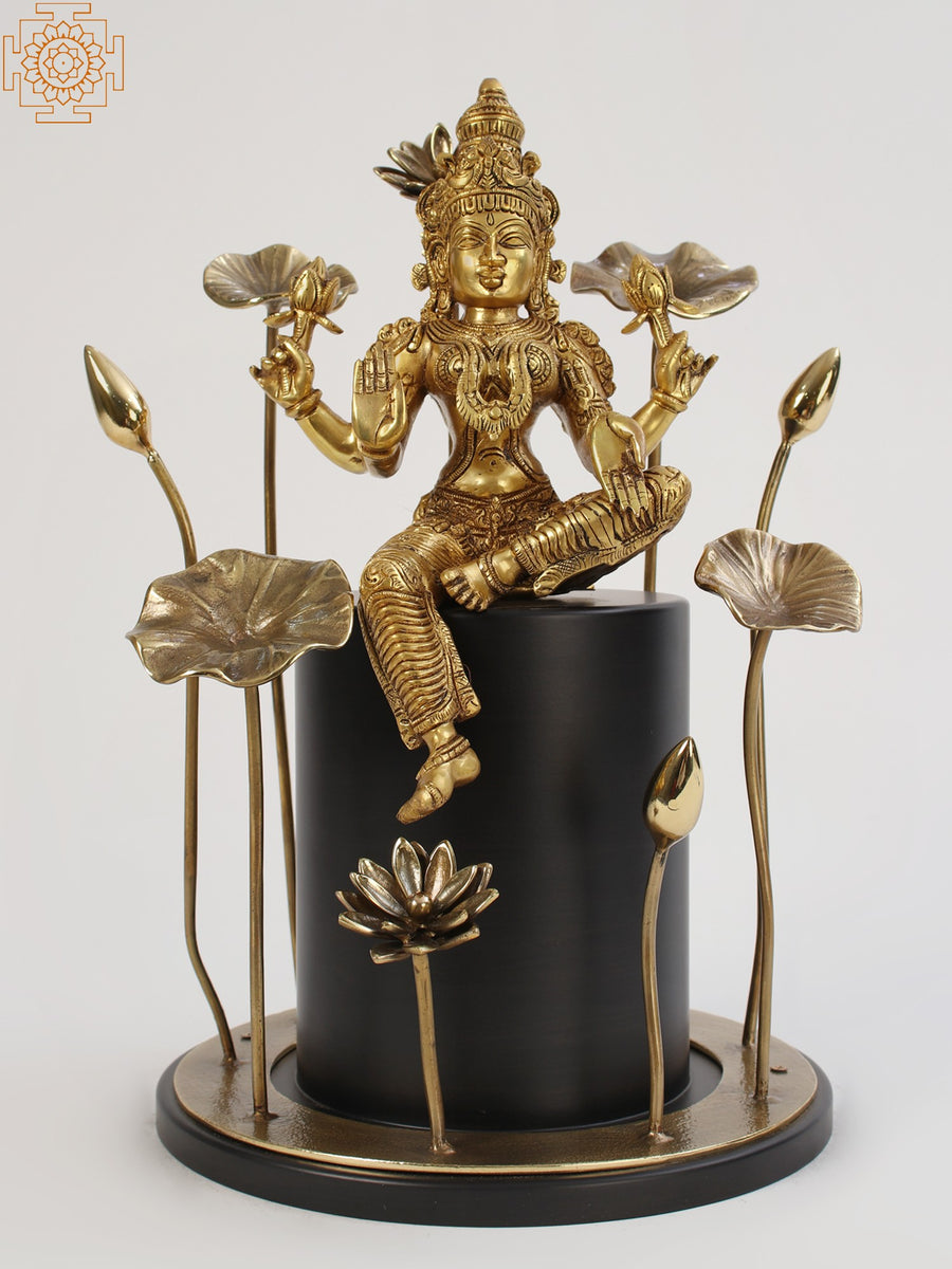18" Brass Goddess Lakshmi Statue with Wooden Pedestal