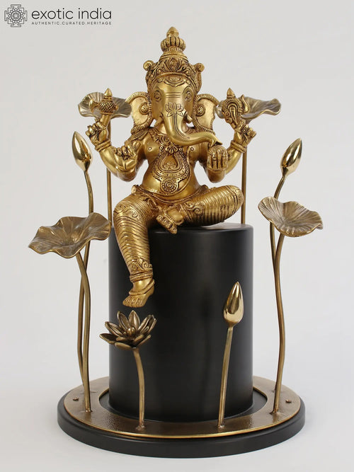 19" Brass Chaturbhuja Ganesha Statue with Wooden Pedestal Base