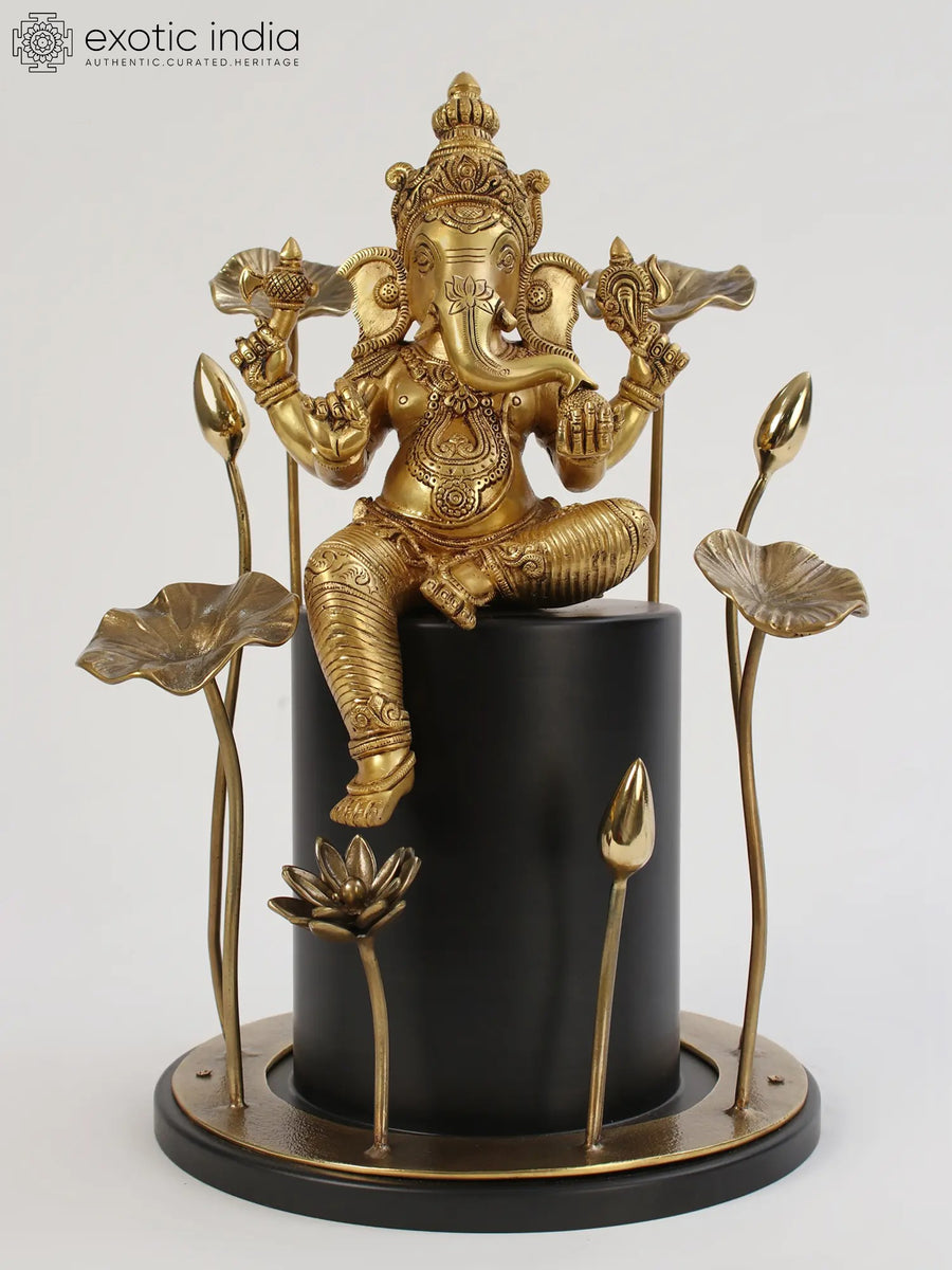 19" Brass Chaturbhuja Ganesha Statue with Wooden Pedestal Base