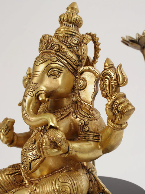 19" Brass Chaturbhuja Lord Ganesha Seated on Wooden Pedestal