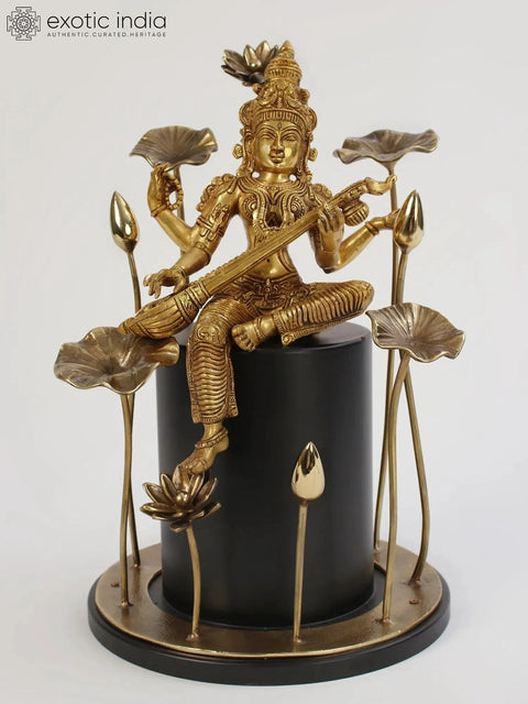 19" Brass Goddess Saraswati Seated on Wooden Pedestal
