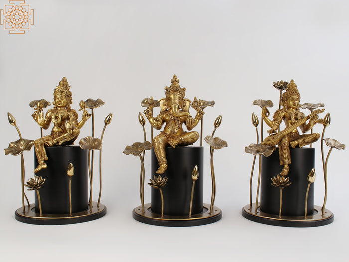 Lakshmi Ganesha Saraswati Brass Statue Set for Pooja